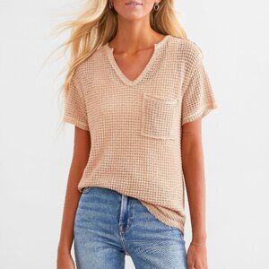 BKE Beige Waffle Knit Short Sleeve V-Neck Tee
